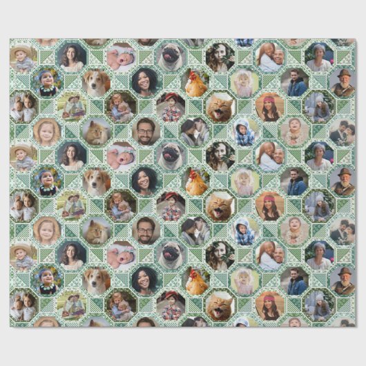 Familienfoto Collage Green Quilt Look 28 Bilder le Geschenkpapier (Flach)