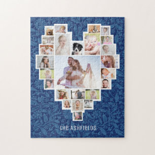 Familienfoto Collage Heart Blue Floral 25 Pic Name Puzzle