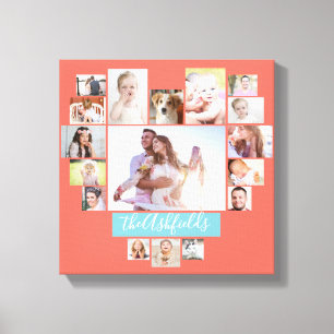Familienfoto Collage Herz 17 Bilder Name Koralle Leinwanddruck