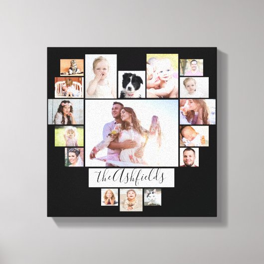 Familienfoto Collage Herz 17 Bilder Name Schwarz Leinwanddruck (Vorderseite)
