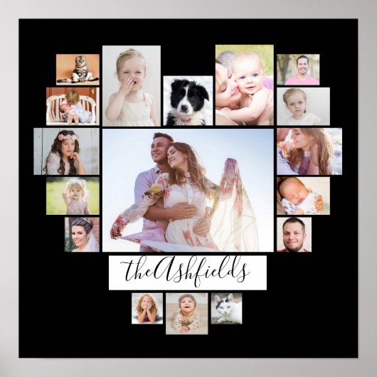 Familienfoto Collage Herz 17 Bilder Name Schwarz Poster (Vorne)
