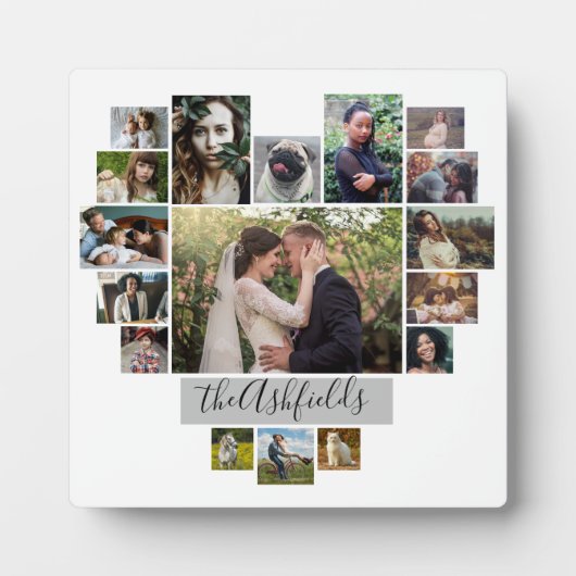 Familienfoto Collage Herz 17 Bilder Name Weiß Fotoplatte (Vorderseite)