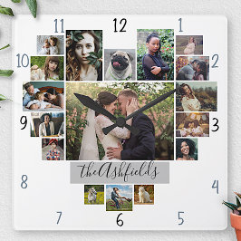 Familienfoto Collage Herz 17 Bilder Name Weiß Quadratische Wanduhr