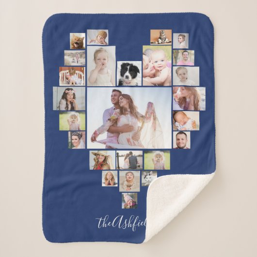 Familienfoto Collage Herz 25 Bilder Name Blau Sherpadecke (Vorderseite)