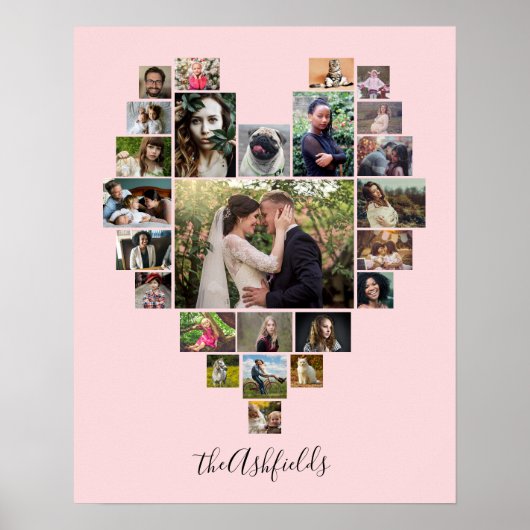 Familienfoto Collage Herz 25 Bilder Name Rosa Poster (Vorne)