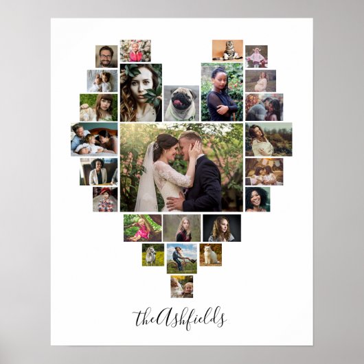 Familienfoto Collage Herz 25 Bilder Name Weiß Poster (Vorne)