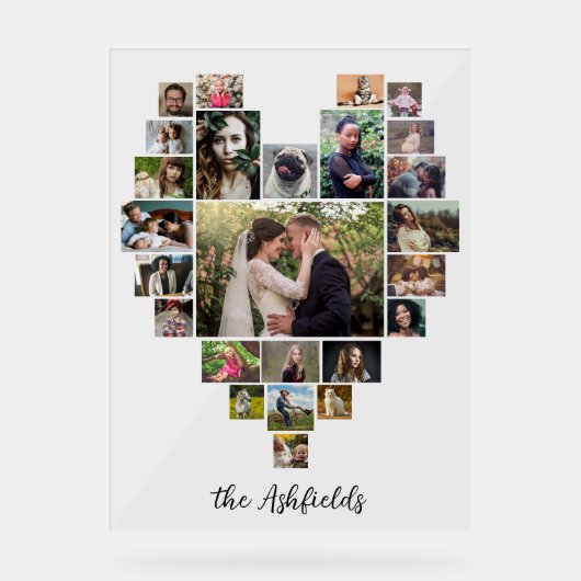 Familienfoto Collage Herz 25 Individuelle Name Acrylschild (Vorderseite)