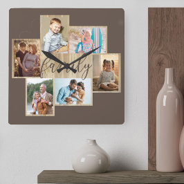 Familienfoto Collage Holz Grain Border Brown Quadratische Wanduhr