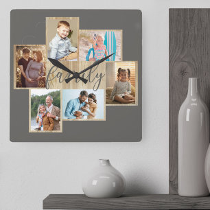 Familienfoto Collage Holz Grain Border Warm Grau Quadratische Wanduhr