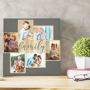 Familienfoto-Collage Holzmaserung Rahmen Warmgrau Leinwanddruck