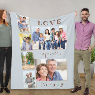 Familienfoto-Collage Liebes- und Glückszitat Blau Fleecedecke