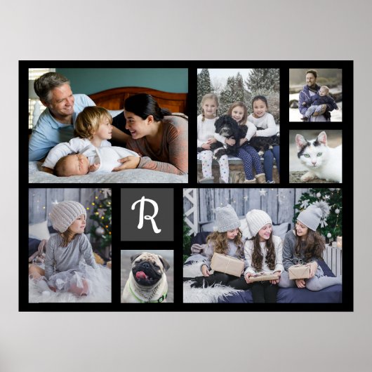 Familienfoto Collage Mit Monogramm 7 Bilder Schwar Poster (Vorne)