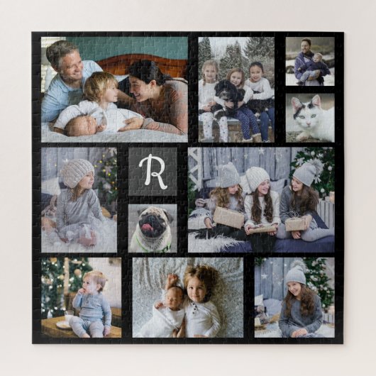 Familienfoto Collage Mit Monogramm Black 10 Bilder Puzzle (Vertikal)