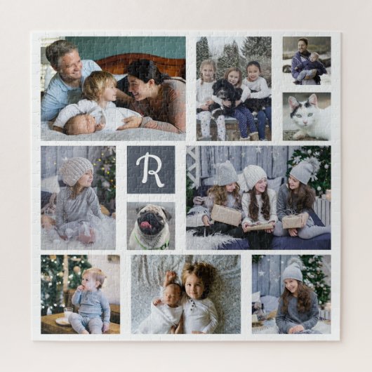 Familienfoto Collage Mit Monogramm White 10 Bilder Puzzle (Vertikal)