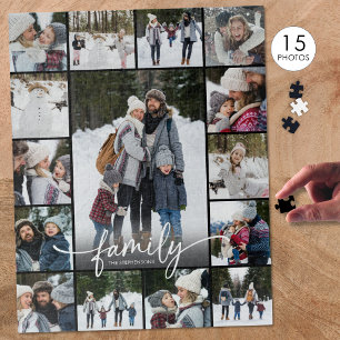 Familienfoto-Collage Moderne Schrift 15 Fotos Puzzle