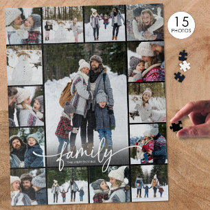Familienfoto-Collage Moderne Schrift 15 Fotos Puzzle