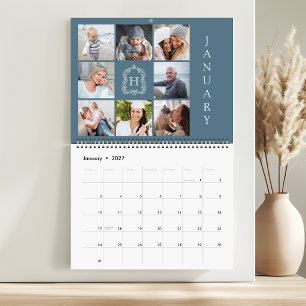 Familienfoto-Collage Monogramm-Wappen Blau 2027 Kalender