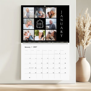 Familienfoto-Collage-Monogramm-Wappen Schwarz 2027 Kalender