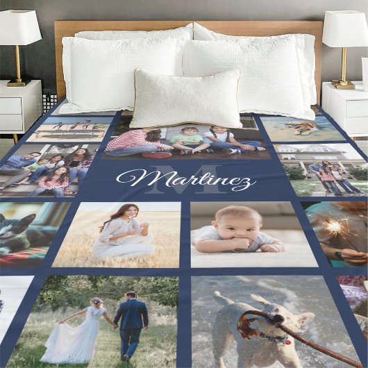 Familienfoto Collage Navy Blue Moderne Mit Monogra Fleecedecke