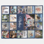 Familienfoto Collage Navy Blue Moderne Mit Monogra Fleecedecke (Vorderseite (Horizontal))