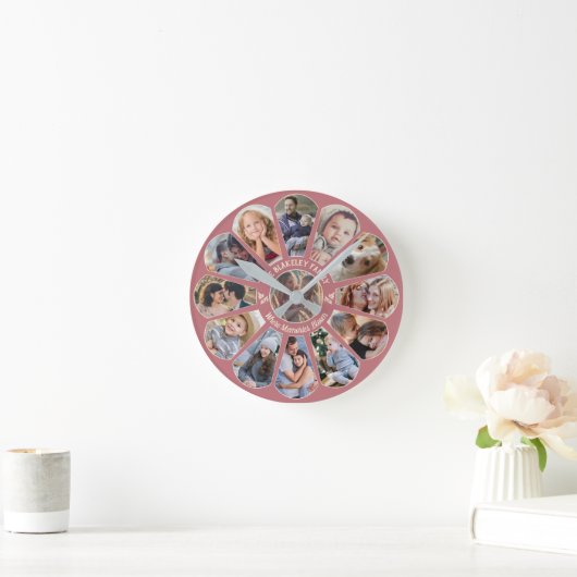 Familienfoto Collage Pink 13 Benutzerdefinierte Bl Runde Wanduhr (Zuhause)
