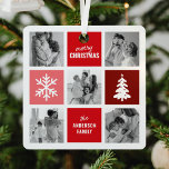 Familienfoto Collage Red Christmas Ornament Aus Metall<br><div class="desc">Mit unseren modernen Baumschmuckstücken können Sie Ihre Erinnerungen zu Weihnachten zum Leben erwecken. Unsere einzigartige Collage-Vorlage für Fotos erlaubt es Ihnen, Ihr Ornament mit Ihren eigenen Bildern, eingebettet in stilvolle rote Quadrate, einen wunderbar illustrierten Weihnachtsbaum und ein elegantes Schneeflockensymbol, zu gestalten. Machen Sie es sich mit unserer einfach zu bedienenden...</div>