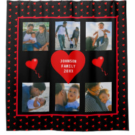 Familienfoto Collage Red Hearts Schwarzer Hintergr Duschvorhang