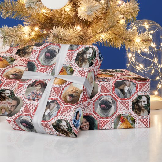 Familienfoto Collage Red Quilt Look 28 Custom Pics Geschenkpapier (Feiertage)