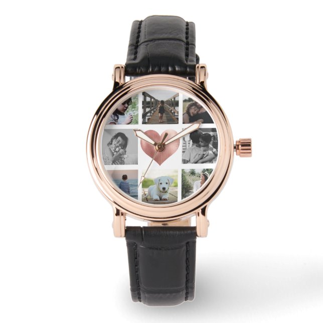 Familienfoto Collage Rose Gold Herz Keepake Chic Armbanduhr (Vorderseite)