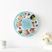 Familienfoto Collage Rustic Light Blue Große Wanduhr (Zuhause)