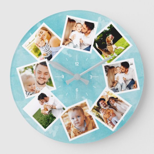 Familienfoto Collage Rustic Light Blue Große Wanduhr (Vorderseite)