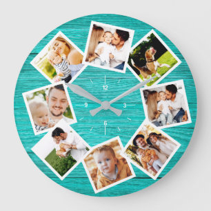 Familienfoto-Collage Rustikal Chic Bauernhaus Teal Große Wanduhr
