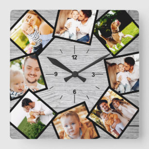 Familienfoto-Collage Rustikal Chic Farmhouse Grau Quadratische Wanduhr