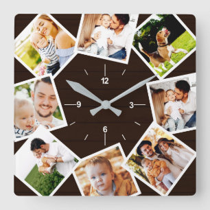 Familienfoto-Collage Rustikaler Bauernhof Dunkelbr Quadratische Wanduhr