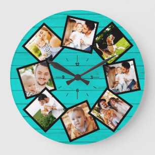 Familienfoto-Collage Rustikaler Bauernhof Teal Große Wanduhr