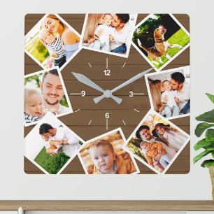 Familienfoto Collage Rustikales Bauernhaus Braun Quadratische Wanduhr