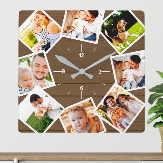 Familienfoto Collage Rustikales Bauernhaus Braun Quadratische Wanduhr