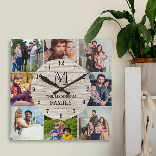 Familienfoto-Collage Rustikales Farmhouse-Monogram Quadratische Wanduhr