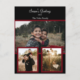 Familienfoto-Collage Schwarz Burgund Weiß Schrift  Feiertagspostkarte