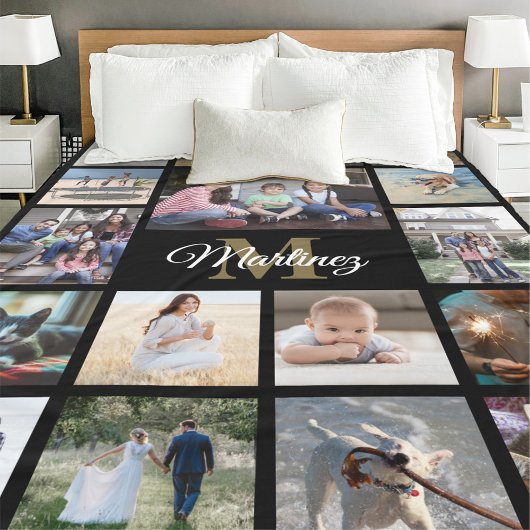 Familienfoto-Collage Schwarz Gold Weiß Monogrammie Fleecedecke