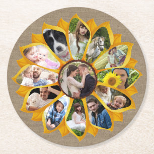 Familienfoto-Collage Sonnenblume Jute 13 Bilder Ei Runder Pappuntersetzer