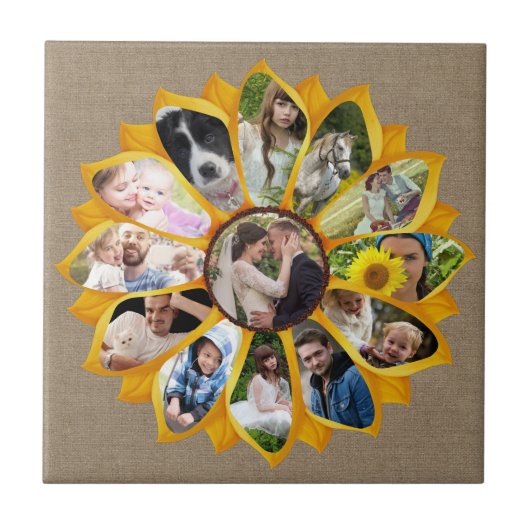 Familienfoto Collage Sonnenblumen Burlap 13 Pics E Fliese (Vorderseite)