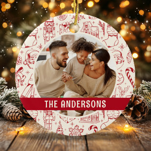 Familienfoto-Doodle Rot Weihnachten Keramik Ornament
