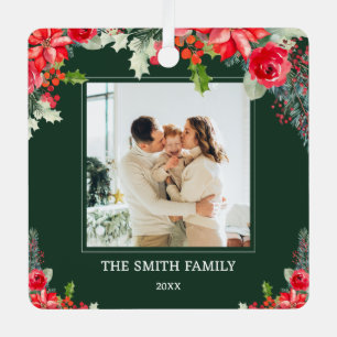 Familienfoto Florales Rot und Grün Weihnachten Ornament Aus Metall