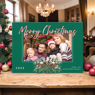 Familienfoto Frohe Weihnachten Kiefernzapfen Rote  Einladung