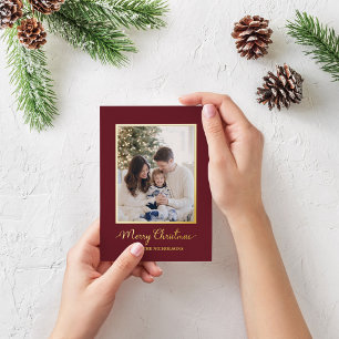 Familienfoto Goldfolie auf tiefroter Weihnachtskar Folien Feiertagskarte