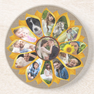 Familienfoto-Kollage Sonnenblume Jute 13 Bilder Ei Getränkeuntersetzer