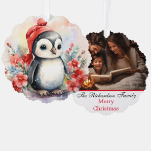 Familienfoto mit individuellem Namen Süßer Pinguin Ornament Karte