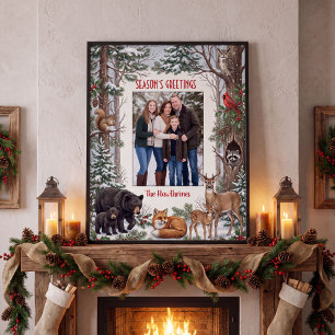 Familienfoto mit Waldtieren - Weihnachtsgrüße Poster