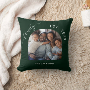 Familienfoto-Name-Jahr in Smaragdgrün Kissen